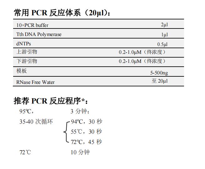 Tth DNA聚合酶(with dNTP) 常用PCR反應體系（20μL）以及推薦PCR反應程序*