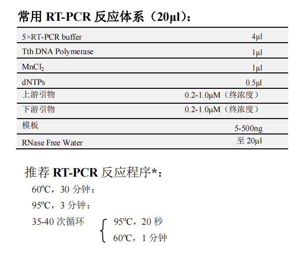 Tth DNA聚合酶(with dNTP) 常用RT-PCR反應體系（20μL）以及推薦RT-PCR反應程序*