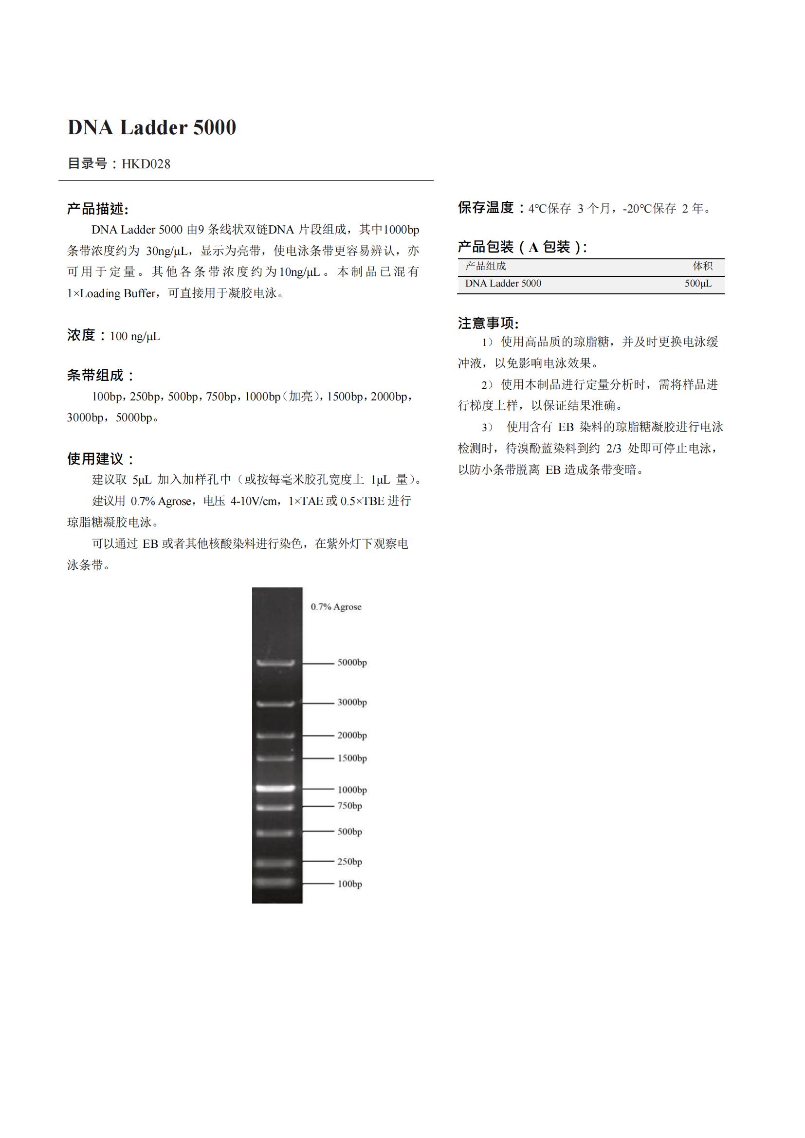 DNA Ladder 5000（DNA 標記）產品說明